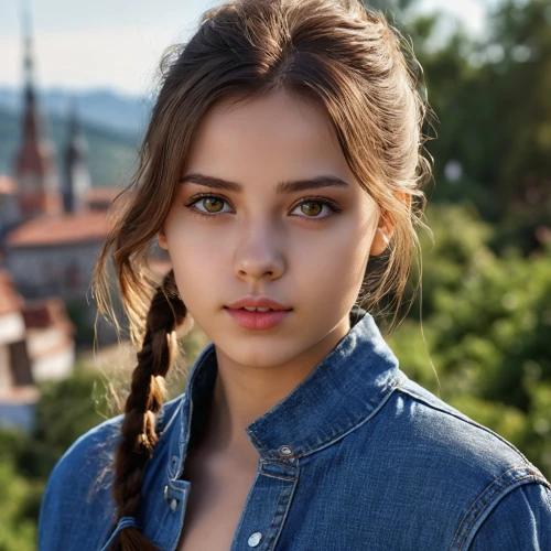 girl in overalls,girl portrait,portrait of a girl,eurasian,sofia,romantic look,young woman,denim jacket,pretty young woman,ukrainian,denim bow,beautiful young woman,mystical portrait of a girl,romantic portrait,denim,young model istanbul,girl wearing hat,cinnamon girl,braids,pigtail,Photography,General,Realistic