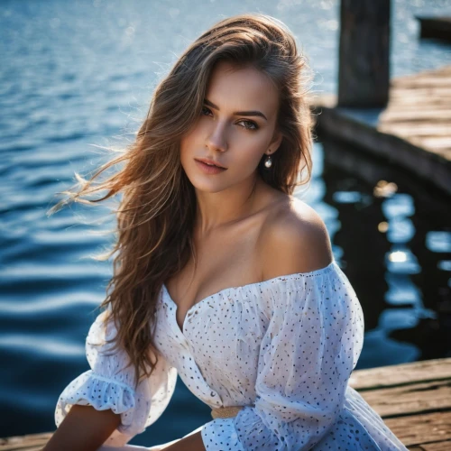 girl in white dress,beautiful young woman,ukrainian,romantic portrait,girl on the boat,on the pier,garanaalvisser,romantic look,young woman,portrait photography,pretty young woman,pier,bylina,girl on the river,attractive woman,danila bagrov,elegant,by the sea,female model,girl in a long dress,Photography,General,Fantasy