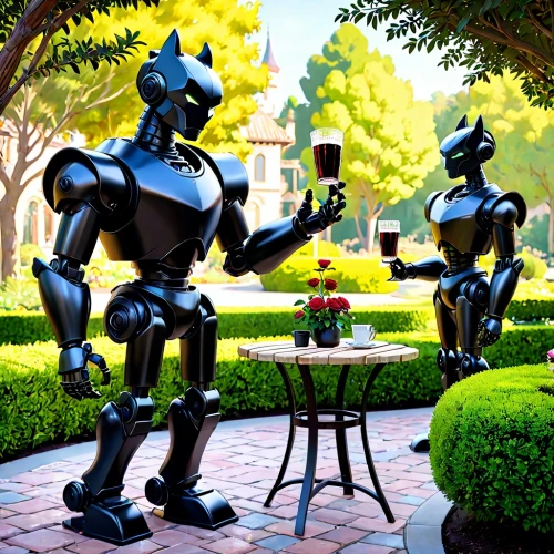 garden statues,robots,lawn ornament,garden ornament,garden decor,garden party,revoltech,garden decoration,robotics,chess men,metal toys,robotic,outdoor dining,garden sculpture,3d render,a meeting,business meeting,tea party,romantic meeting,knight festival,Anime,Anime,Cartoon