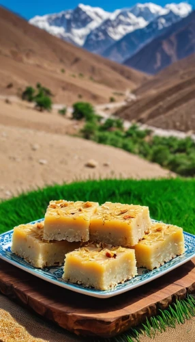 besan barfi,ladakh,parmigiano-reggiano,gobi desert,halva,the pamir mountains,turpan,turrón,pamir,xinjiang,el-trigal-manchego cheese,natural soap,leh,emmental cheese,semolina,the gobi desert,tibetan food,cheese cubes,tajikistan,pecorino sardo,Photography,General,Realistic