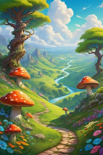 mushroom landscape,mushroom island,fantasy landscape,toadstools,fairy forest,fairy world,mushrooms,fairy village,forest mushrooms,toadstool,cartoon forest,tree mushroom,forest mushroom,elven forest,wonderland,druid grove,cartoon video game background,forest landscape,lingzhi mushroom,fantasy world,Illustration,Retro,Retro 04