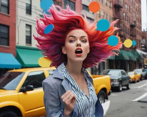 colorful balloons,rainbow color balloons,color fan,balloon head,static electricity,sprint woman,colorful,fashion street,pop art colors,photoshop creativity,colorful life,popart,pom-pom,photoshop school,hair dryer,exploding head,on the street,retro woman,trend color,pop art woman,Photography,Documentary Photography,Documentary Photography 20