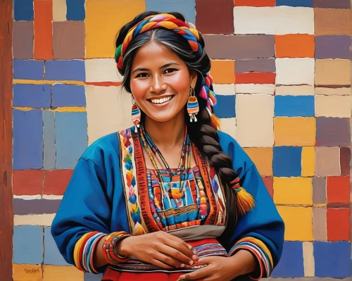 peruvian women,vietnamese woman,incas,indian woman,indigenous painting,oil painting on canvas,a girl's smile,oil painting,native american,girl with cloth,woman portrait,marvel of peru,tibetan,titicaca,boho art,inca,peru i,nomadic people,african woman,cusco,Illustration,Vector,Vector 07