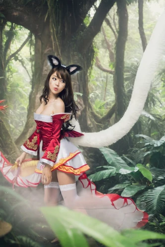 cosplay image,tiger lily,little red riding hood,red riding hood,fae,fairy tale character,fairy forest,faerie,asian costume,cosplay,little girl fairy,faery,kitsune,wonderland,fairy tale,enchanted forest,forest dragon,fairy world,fairy,summoner