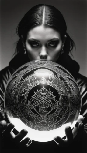 crystal ball-photography,mirror of souls,crystal ball,armillary sphere,wind rose,parabolic mirror,silversmith,divination,tambourine,looking glass,glass sphere,pentacle,fortune teller,sacred geometry,cd cover,occult,coil,yantra,photomontage,jewel case,Photography,Black and white photography,Black and White Photography 11