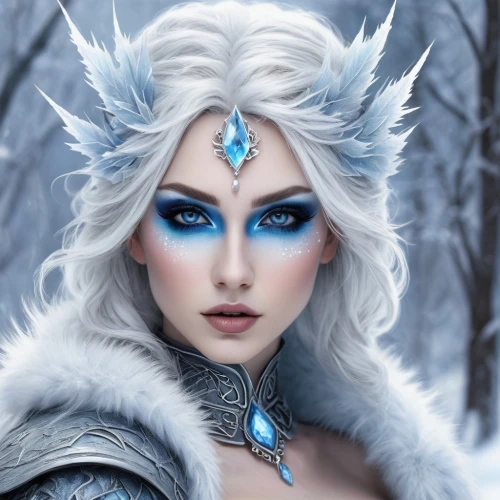 ice queen,the snow queen,white rose snow queen,ice princess,suit of the snow maiden,winterblueher,eternal snow,blue enchantress,white walker,fantasy art,fantasy portrait,elsa,blue snowflake,violet head elf,fantasy woman,dark elf,fantasy picture,elven,male elf,nordic,Illustration,Realistic Fantasy,Realistic Fantasy 07