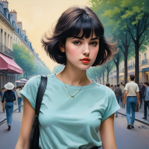 cigarette girl,world digital painting,girl with bread-and-butter,paris,vintage girl,french digital background,girl portrait,retro girl,girl in a historic way,woman with ice-cream,paris clip art,50's style,vintage woman,vietnamese woman,romantic portrait,girl walking away,city ​​portrait,paris shops,vintage art,retro woman,Illustration,American Style,American Style 11