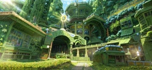 dandelion hall,ancient city,fantasy city,monastery,green garden,hall of the fallen,ruins,3d fantasy,fantasy world,ruin,cathedral,mausoleum ruins,bastion,aurora village,green forest,ancient buildings,ancient house,greenhouse,fractal environment,fairy tale castle