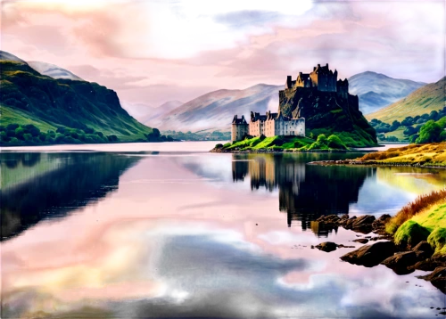 eilean donan castle,scotland,scottish highlands,eilean donan,castles,fantasy picture,fantasy landscape,water castle,isle of skye,loch,scottish,ruined castle,fairytale castle,highlands,castel,castle bran,scottish folly,world digital painting,celtic queen,fairytale,Illustration,Paper based,Paper Based 25