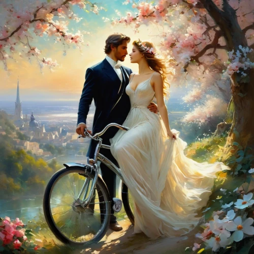 bicycle ride,bicycle,floral bike,bicycle riding,romantic scene,bicycling,woman bicycle,romantic portrait,wedding invitation,bicycles,tandem bicycle,fantasy picture,wedding frame,just married,wedding couple,wedding photo,artistic cycling,honeymoon,beautiful couple,love in the mist,Conceptual Art,Fantasy,Fantasy 05