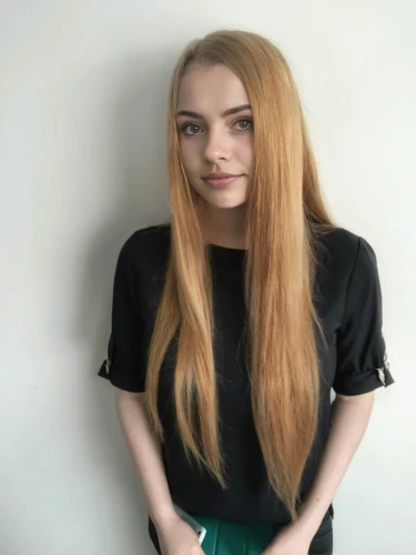 british semi-longhair,paleness,green background,yellow background,long blonde hair,ginger rodgers,artificial hair integrations,fizzy,orla,girl in t-shirt,polo shirt,portrait background,studio photo,belarus byn,eurasian,smooth hair,long hair,shoulder length,golden haired,teen