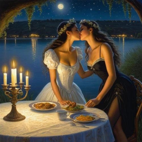 romantic dinner,romantic night,romantic scene,romantic portrait,romantic,dinner for two,honeymoon,amorous,girl kiss,romantic look,fantasy picture,romance novel,candle light dinner,serenade,lights serenade,romantic meeting,emile vernon,romance,golden candlestick,courtship,Illustration,Realistic Fantasy,Realistic Fantasy 03