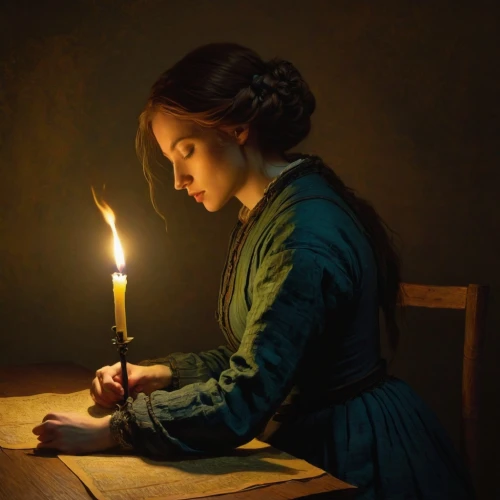 candlemaker,girl studying,candlelight,jane austen,drawing with light,girl in a historic way,candlelights,golden candlestick,candlemas,candle light,mystical portrait of a girl,burning candle,romantic portrait,lamplighter,a letter,a candle,tutor,light a candle,to write,meticulous painting,Art,Artistic Painting,Artistic Painting 03