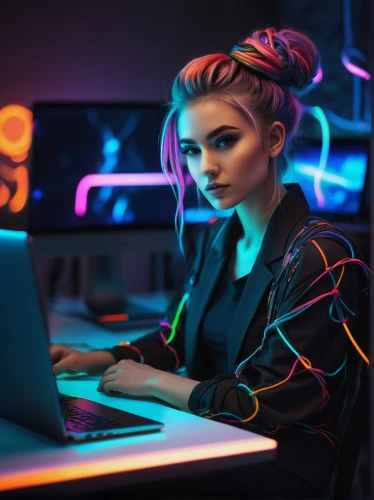 girl at the computer,women in technology,neon human resources,computer business,computer freak,computer addiction,computer art,night administrator,blur office background,computer graphics,connectcompetition,girl studying,computer science,computer code,cyberpunk,computer program,cyber glasses,cyber,computer networking,digital marketing,Illustration,Realistic Fantasy,Realistic Fantasy 04