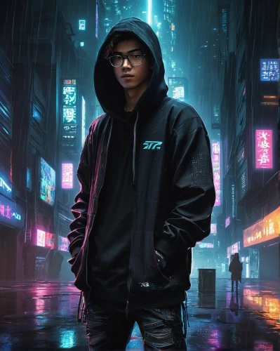 cyberpunk,yukio,world digital painting,cyber,guk,hk,hong kong,hong,puma,cg artwork,parka,novelist,windbreaker,taipei,hoodie,cyber glasses,pedestrian,kai bei,urban,portrait background,Illustration,Japanese style,Japanese Style 09