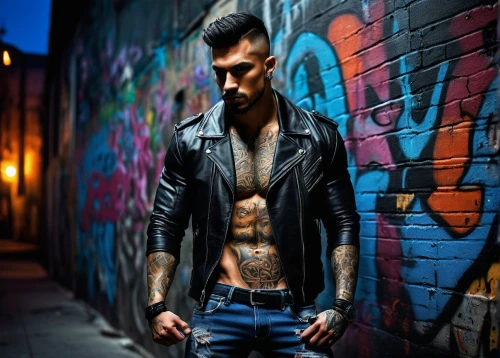 tattoos,rockabilly style,tattooed,male model,punk,rockabilly,with tattoo,mohawk hairstyle,alleyway,pompadour,photo session in torn clothes,tattoo artist,denim background,leather jacket,daemon,biker,punk design,men's wear,boy model,bluejeans,Art,Classical Oil Painting,Classical Oil Painting 30