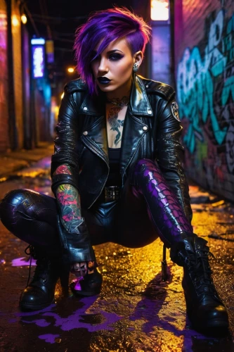 punk,cyberpunk,catwoman,grunge,punk design,violet,mohawk,femme fatale,lex,latex,toni,alley cat,poison,renegade,vada,goth woman,ultraviolet,leather,fierce,harley,Illustration,American Style,American Style 08