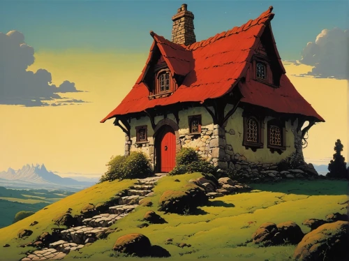 witch's house,home landscape,church painting,summit castle,lonely house,witch house,house in mountains,studio ghibli,house in the mountains,little house,cottage,ancient house,swiss house,knight's castle,mountain settlement,gold castle,fairy tale castle,travel poster,roof landscape,house painting,Conceptual Art,Sci-Fi,Sci-Fi 17