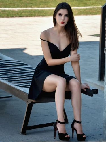 black dress with a slit,social,little black dress,park bench,black dress,outdoor bench,in a black dress,sitting on a chair,bench,black shoes,crossed legs,sheath dress,red bench,female model,wooden bench,black dresses,bench chair,legs crossed,fashion shoot,seated,Photography,General,Realistic