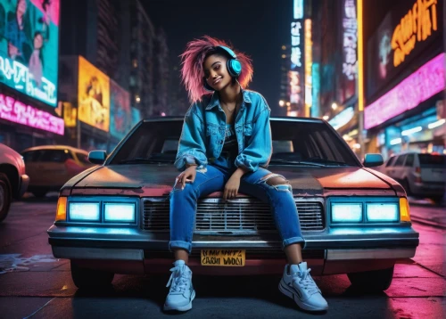 toyota ae85,girl and car,audi 80,80s,volkswagen corrado,honda concerto,retro woman,girl in car,e31,neon lights,car model,retro car,retro girl,new york streets,volkswagen scirocco,neon,nissan silvia,nyc,ny,volvo,Illustration,Realistic Fantasy,Realistic Fantasy 17