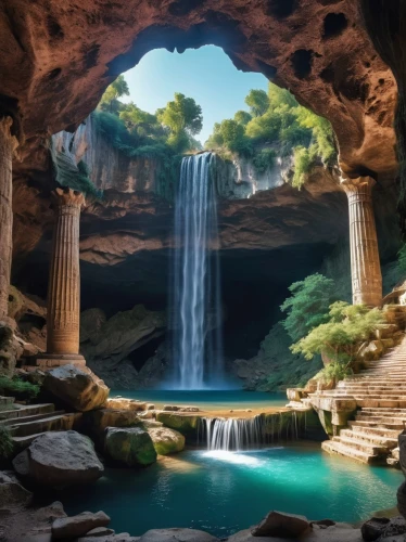 fairyland canyon,natural arch,waterfalls,wasserfall,artemis temple,water fall,cave on the water,zion,water falls,underwater oasis,fantasy landscape,spiritual environment,waterfall,cartoon video game background,brown waterfall,oasis,green waterfall,the ancient world,mountain spring,three point arch,Photography,General,Realistic