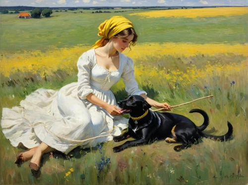 girl with dog,girl lying on the grass,girl in the garden,girl picking flowers,labrador,giant schnauzer,shepherd,boy and dog,yellow grass,dog playing,labrador retriever,black shepherd,basset artésien normand,companion dog,suitcase in field,woman playing,breton,girl with bread-and-butter,retriever,female dog,Conceptual Art,Oil color,Oil Color 10
