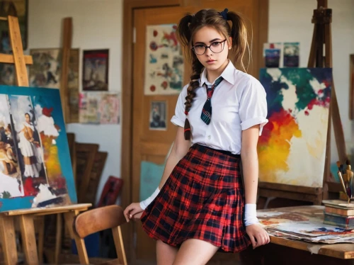 school skirt,schoolgirl,school uniform,art academy,girl studying,pencil skirt,private school,art model,school clothes,portrait of a girl,girl drawing,arts loi,painting technique,student,italian painter,painter,state school,with glasses,librarian,painter doll,Illustration,Realistic Fantasy,Realistic Fantasy 10