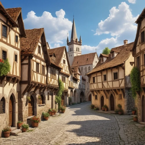 medieval street,medieval town,medieval architecture,bamberg,rothenburg,half-timbered houses,alsace,muenster,the cobbled streets,knight village,thun,nuremberg,colmar,erfurt,medieval,escher village,medieval market,hildesheim,strasbourg,the old town,Photography,General,Realistic