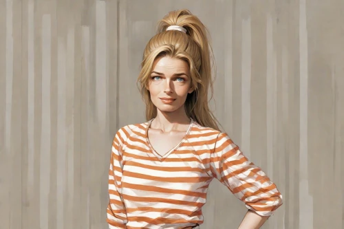 fashion illustration,fashion vector,striped background,digital painting,blonde woman,portrait background,horizontal stripes,retro girl,female model,world digital painting,blond girl,retro woman,fashion sketch,pin-up girl,blonde girl,women clothes,hand digital painting,women's clothing,photo painting,50's style,Digital Art,Comic