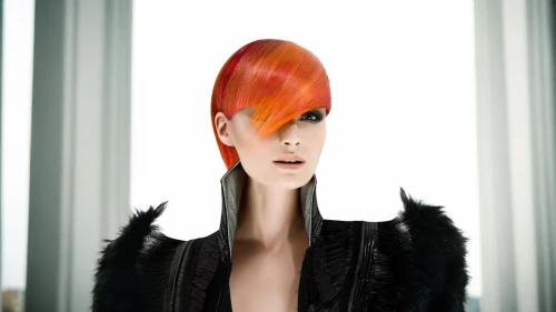 asymmetric cut,feathered hair,artificial hair integrations,mohawk hairstyle,tilda,hairdressing,red-haired,feather headdress,plumage,headpiece,headdress,management of hair loss,pixie-bob,fashion illustration,red head,bouffant,trend color,pompadour,redhair,hair shear