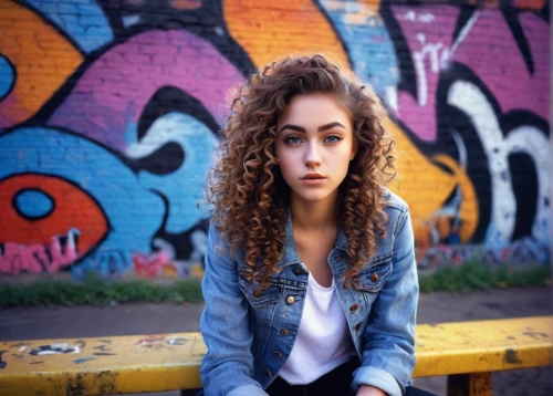 curly brunette,curly hair,denim jacket,jean jacket,girl in overalls,curly,ash leigh,young woman,beautiful young woman,denim background,city ​​portrait,curls,girl portrait,portrait photography,pretty young woman,tori,portrait of a girl,girl sitting,concrete background,portrait background,Art,Artistic Painting,Artistic Painting 30