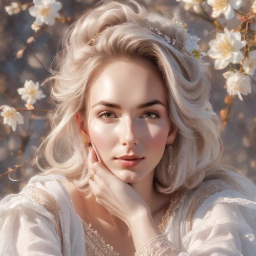 fantasy portrait,white lady,blonde woman,romantic portrait,white blossom,linden blossom,white rose snow queen,portrait background,magnolia blossom,magnolia,fairy queen,elsa,porcelain doll,white beauty,the blonde in the river,vintage woman,white magnolia,romantic look,blossom,beautiful woman,Photography,Realistic