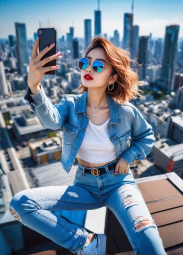 woman holding a smartphone,taking photo,denim background,taking photos,above the city,jeans background,taking picture,selfie,denim jacket,phone icon,blogger icon,a girl with a camera,denim jumpsuit,photo contest,city ​​portrait,social media addiction,mobile camera,cyber monday social media post,viewphone,photographic background,Illustration,Japanese style,Japanese Style 12