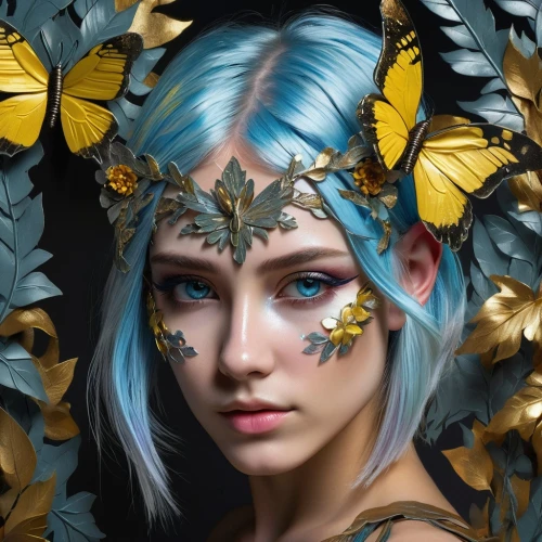 faerie,fantasy portrait,faery,butterfly floral,flower fairy,blue butterflies,dryad,elven flower,fantasy art,girl in a wreath,mystical portrait of a girl,photoshoot butterfly portrait,laurel wreath,butterflies,girl in flowers,fairy queen,kahila garland-lily,flora,floral wreath,golden wreath,Photography,Artistic Photography,Artistic Photography 08