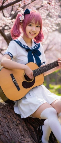 ukulele,guitar,playing the guitar,japanese idol,sakura blossom,japanese sakura background,classical guitar,acoustic guitar,concert guitar,cosplay image,ako,bulli,guitar player,musician,sakura background,serenade,japanese kawaii,banjo uke,kawaii girl,kawaii,Conceptual Art,Sci-Fi,Sci-Fi 16