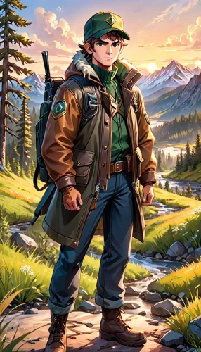 park ranger,ranger,mountain guide,farmer in the woods,woodsman,rifleman,montana,hiker,biologist,game illustration,lumberjack pattern,adventurer,free wilderness,scout,boy scouts of america,forest workers,american frontier,mountaineer,mountain boots,farmer,Anime,Anime,General