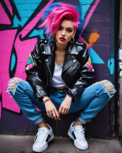 punk,grunge,pink hair,denim jacket,80s,blue hair,denim,denim background,jean jacket,pink background,jeans background,rockabella,neon,leather jacket,street fashion,punk design,poison,jacket,pompadour,rebel,Conceptual Art,Graffiti Art,Graffiti Art 11