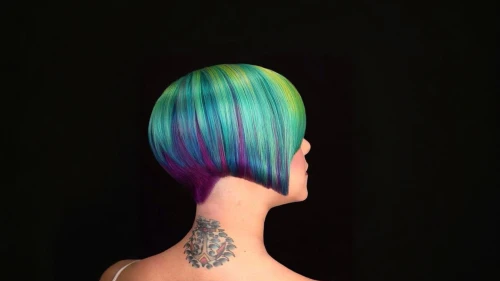 blue hair,back of head,rainbow waves,mermaid scale,color feathers,feathered hair,mermaid background,iridescent,violet head elf,lilac breasted roller,artist color,blue peacock,asymmetric cut,fairy peacock,profile,mermaid silhouette,half profile,lilac-breasted roller,mermaid scales,semi-profile