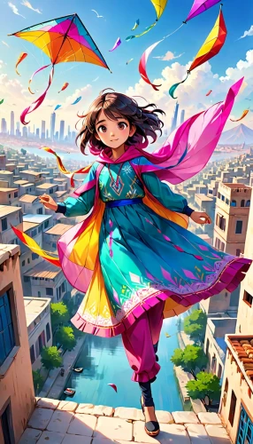 flying girl,hanbok,the festival of colors,colorful background,monsoon banner,diwali banner,little girl in wind,colorful city,flying carpet,rainbow background,kite,colorful life,kite flyer,background colorful,kites,full of color,world digital painting,mukimono,falling flowers,colorful doodle,Anime,Anime,General