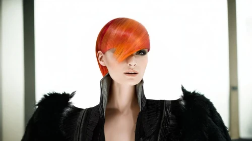 asymmetric cut,tilda,feathered hair,artificial hair integrations,mohawk hairstyle,fashion illustration,plumage,pixie-bob,red-haired,hairdressing,feather headdress,fashion design,headpiece,image manipulation,headdress,hair shear,mannequin,bouffant,the fur red,beaker