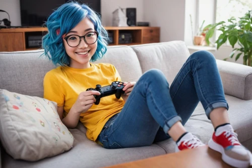 gamer,a girl with a camera,home game console accessory,android tv game controller,video game controller,video game console console,video gaming,video game console,retro girl,consoles,lis,with glasses,gamers round,games console,gaming,mini,blue hair,game consoles,atari lynx,playstation,Illustration,Japanese style,Japanese Style 15