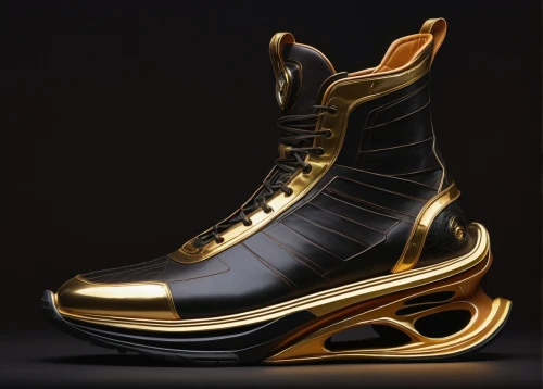 wrestling shoe,motorcycle boot,achille's heel,downhill ski boot,lebron james shoes,high heeled shoe,ski boot,dancing shoe,gold lacquer,dress shoe,cycling shoe,durango boot,versace,gold plated,ice skates,stack-heel shoe,bicycle shoe,women's shoe,black and gold,shoes icon,Illustration,Realistic Fantasy,Realistic Fantasy 03