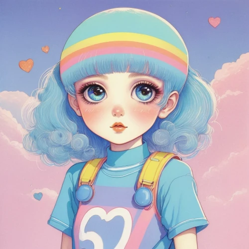soft pastel,cotton candy,pastel colors,pastels,pastel,kids illustration,candy island girl,rainbow pencil background,kawaii girl,eleven,colorful heart,cute cartoon character,cyan,child girl,retro girl,anime girl,little clouds,bubble gum,colorful doodle,rainbow color palette,Illustration,Retro,Retro 07