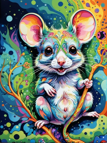 color rat,psychedelic art,musical rodent,white footed mouse,dormouse,year of the rat,mouse,white footed mice,whimsical animals,field mouse,mice,lab mouse icon,rat na,anthropomorphized animals,rat,straw mouse,neon body painting,lsd,rataplan,baby rat,Illustration,Paper based,Paper Based 09