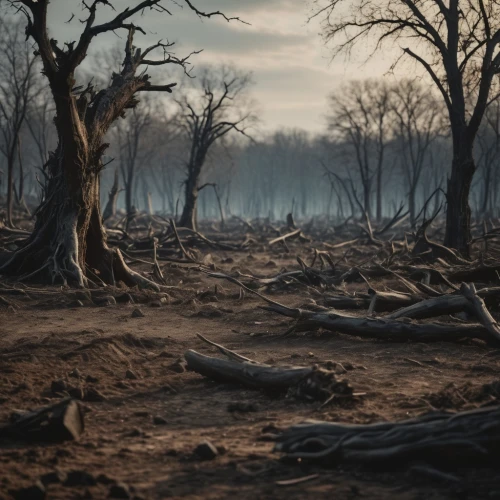 scorched earth,deforested,dead wood,ghost forest,desolation,swampy landscape,post-apocalyptic landscape,deadvlei,burned land,desolate,bare trees,barren,dead branches,forest landscape,haunted forest,dead vlei,the roots of trees,dead tree,copse,fallen trees on the,Photography,General,Cinematic