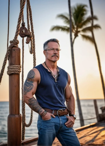 machete,merle black,muscular,rope daddy,blue-collar,born 1953-54,biceps,muscle man,edge muscle,muscle icon,damme,muscular build,beach background,cuba background,the beach fixing,man on a bench,pirate,manly,body building,man at the sea,Illustration,Japanese style,Japanese Style 16