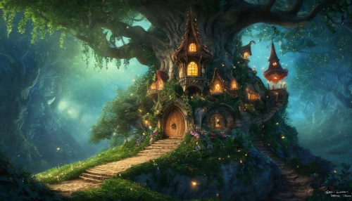 fairy house,tree house,house in the forest,fairy village,treehouse,fairy forest,witch's house,tree house hotel,fairytale forest,fairy world,fairy tale castle,enchanted forest,fairy chimney,fantasy picture,fairy door,elven forest,fantasy landscape,fairytale castle,children's fairy tale,magic tree,Illustration,Realistic Fantasy,Realistic Fantasy 02