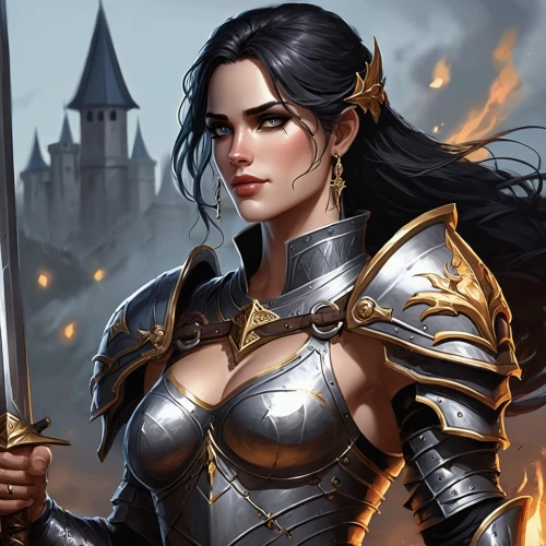 female warrior,paladin,fantasy portrait,joan of arc,fantasy warrior,swordswoman,heroic fantasy,fantasy woman,fantasy art,warrior woman,sterntaler,dark elf,massively multiplayer online role-playing game,catarina,artemisia,eufiliya,fantasy picture,breastplate,cg artwork,fire background,Illustration,American Style,American Style 13