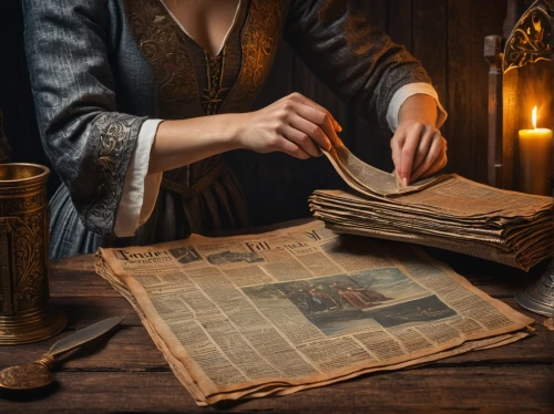 blonde woman reading a newspaper,candlemaker,parchment,meticulous painting,game illustration,vintage ilistration,divination,binding contract,antique background,apothecary,book illustration,magic book,fortune teller,watchmaker,sci fiction illustration,girl studying,prayer book,seamstress,music chest,tarot cards,Photography,General,Fantasy