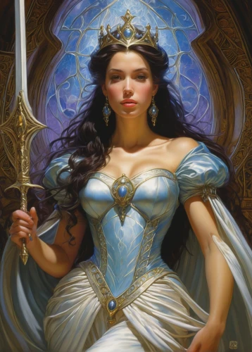 fantasy portrait,heroic fantasy,zodiac sign libra,celtic queen,blue enchantress,fantasy woman,joan of arc,fantasy art,the snow queen,priestess,libra,white rose snow queen,sorceress,caerula,diadem,ice queen,the enchantress,cybele,fantasy picture,imperial crown,Illustration,Realistic Fantasy,Realistic Fantasy 03